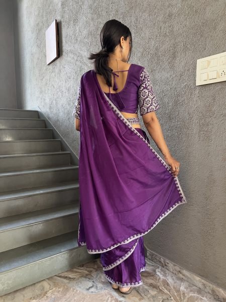  Chinon Embroidery Work Saree With Stitched Blouse Ready To Wear Sarees