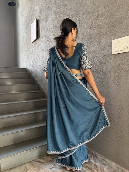  Chinon Embroidery Work Saree With Stitched Blouse Ready To Wear Sarees