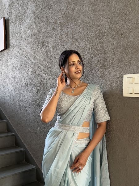  Chinon Embroidery Work Saree With Stitched Blouse Ready To Wear Sarees
