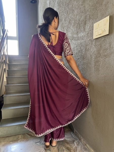  Chinon Embroidery Work Saree With Stitched Blouse Ready To Wear Sarees