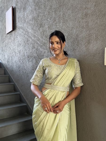  Chinon Embroidery Work Saree With Stitched Blouse Ready To Wear Sarees