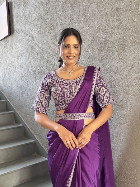  Chinon Embroidery Work Saree With Stitched Blouse Ready To Wear Sarees