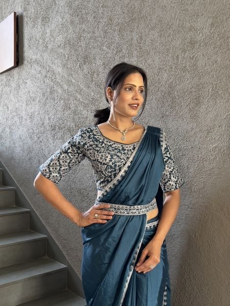  Chinon Embroidery Work Saree With Stitched Blouse Ready To Wear Sarees