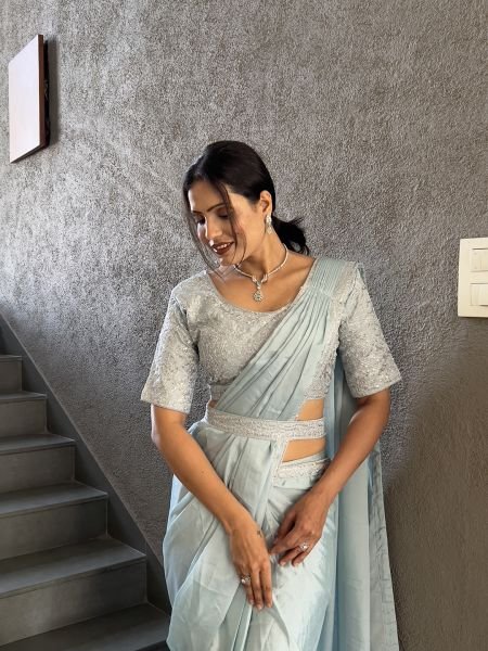  Chinon Embroidery Work Saree With Stitched Blouse Ready To Wear Sarees