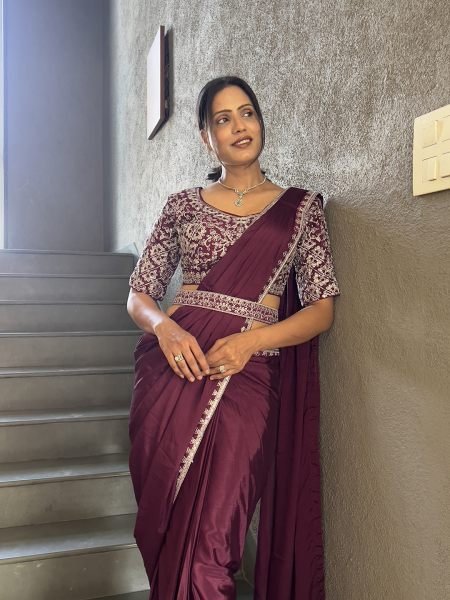  Chinon Embroidery Work Saree With Stitched Blouse Ready To Wear Sarees