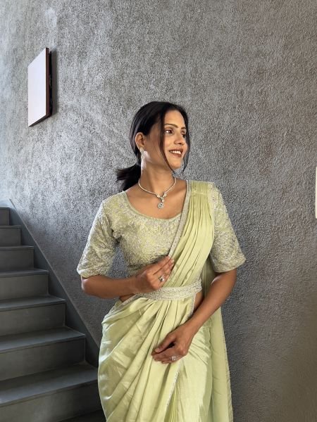  Chinon Embroidery Work Saree With Stitched Blouse Ready To Wear Sarees