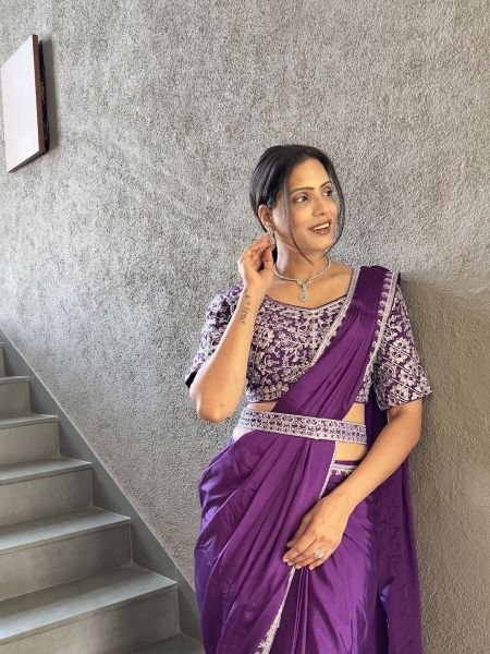  Chinon Embroidery Work Saree With Stitched Blouse Ready To Wear Sarees