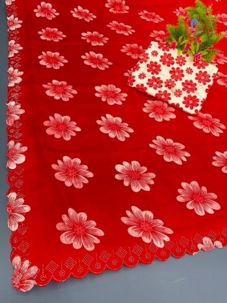 Chinon Floral Print Saree with Swarovski Diamond Border   Printed Blouse Piece Saree