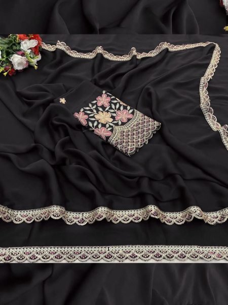 Chinon Saree with Decorative Embroidered Border And Blouse Daily Deals