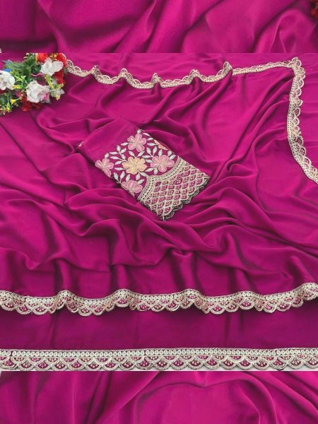 Chinon Saree with Decorative Embroidered Border And Blouse Designer Sarees