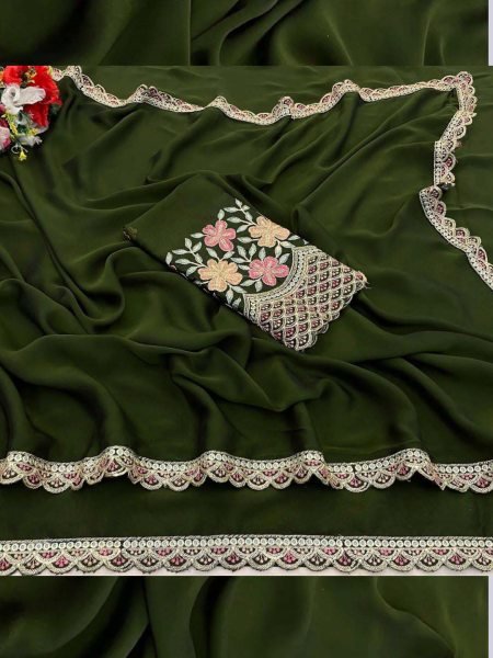 Chinon Saree with Decorative Embroidered Border And Blouse Daily Deals