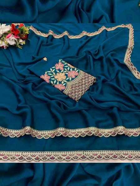 Chinon Saree with Decorative Embroidered Border And Blouse Daily Deals