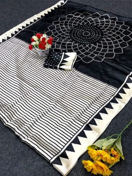 Geometric Stripes Crepe Silk Traditional Print Saree Saree