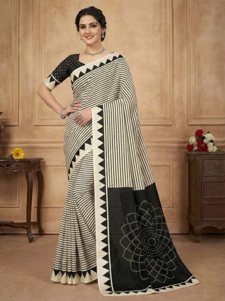 Crepe Silk Saree with Contemporary Geometric Stripes   Traditional Print
