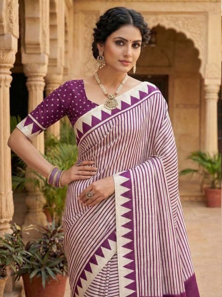 Crepe Silk Saree with Contemporary Geometric Stripes   Traditional Print Printed Sarees