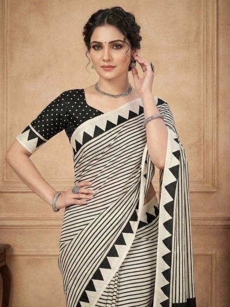 Crepe Silk Saree with Contemporary Geometric Stripes   Traditional Print Printed Sarees