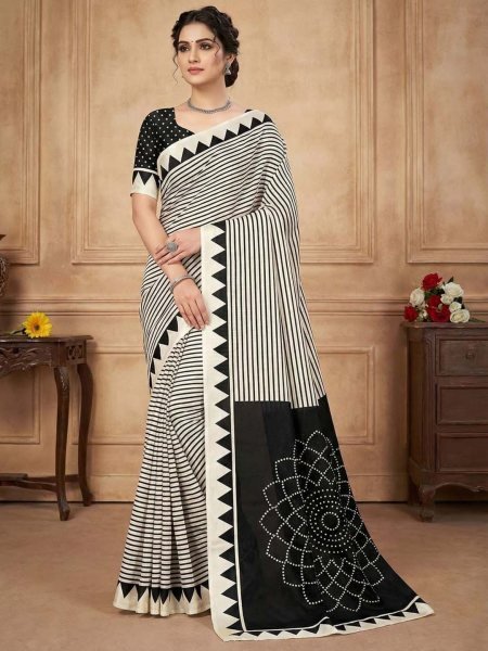 Crepe Silk Saree with Contemporary Geometric Stripes   Traditional Print Printed Sarees