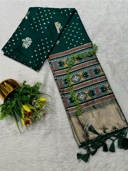 Dark Green Cotton Silk Saree with Traditional Patola Print and Tassel Border Pallu Patola Sarees
