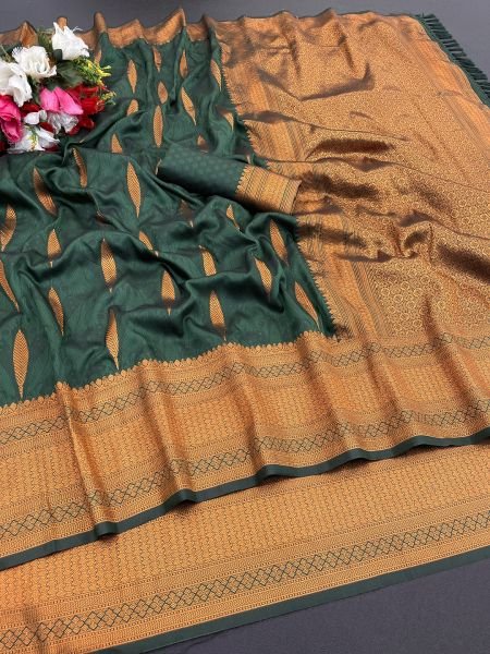 Dark Green Pure Silk Banarasi Saree with Gold Zari Jacquard Weaving Sale