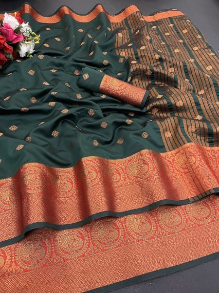 Dark Green Soft Silk Banarasi Saree with Gold Zari Jacquard Detailing Sale