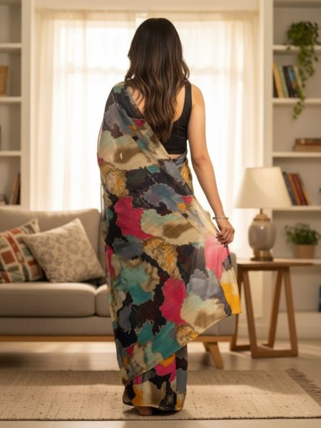 Designer Chiffon Printed Saree in Multicolor Shades Designer Sarees