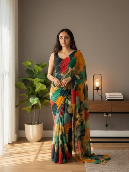 Designer Chiffon Printed Saree in Multicolor Shades Designer Sarees