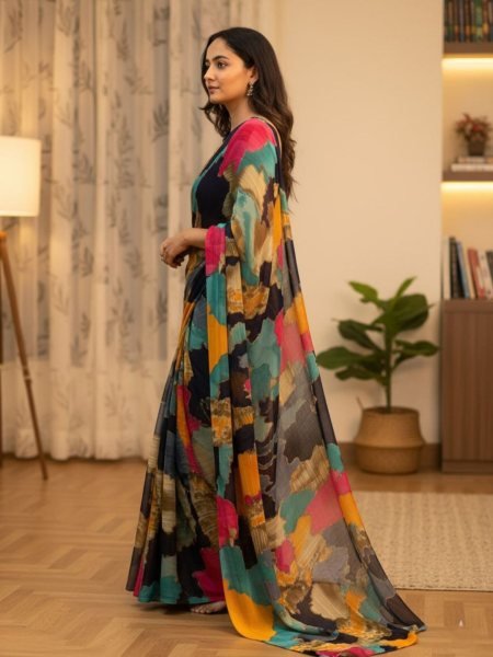 Designer Chiffon Printed Saree in Multicolor Shades Designer Sarees
