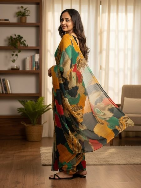 Designer Chiffon Printed Saree in Multicolor Shades Designer Sarees