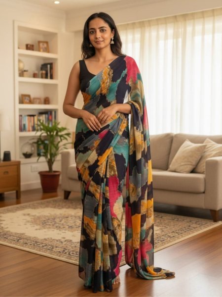 Designer Chiffon Printed Saree in Multicolor Shades Designer Sarees