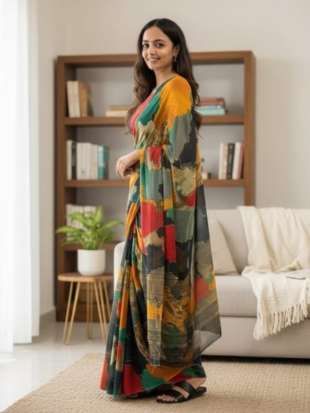 Designer Chiffon Printed Saree in Multicolor Shades Designer Sarees