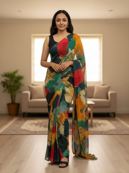 Designer Chiffon Printed Saree in Multicolor Shades Designer Sarees