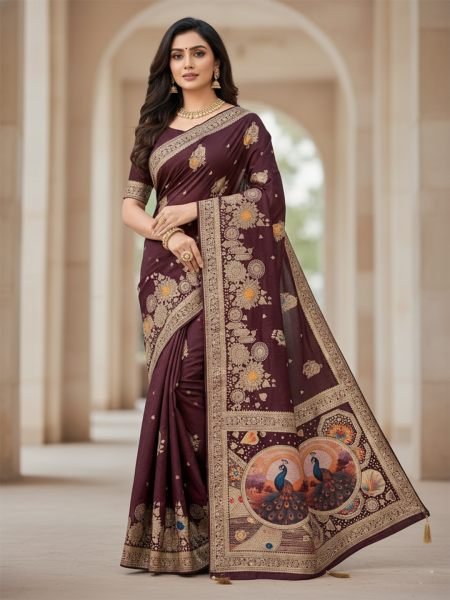 Dola Silk Saree  Woven Saree  Peacock Motif Pallu  Zari Work Saree  Traditional Indian Wear  Saree