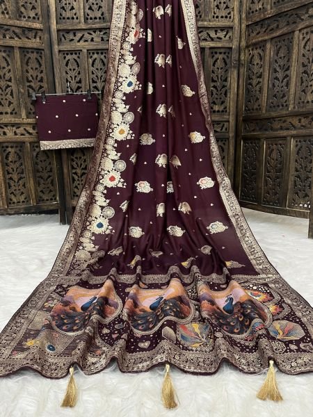 Dola Silk Saree  Woven Saree  Peacock Motif Pallu  Zari Work Saree  Traditional Indian Wear  Saree