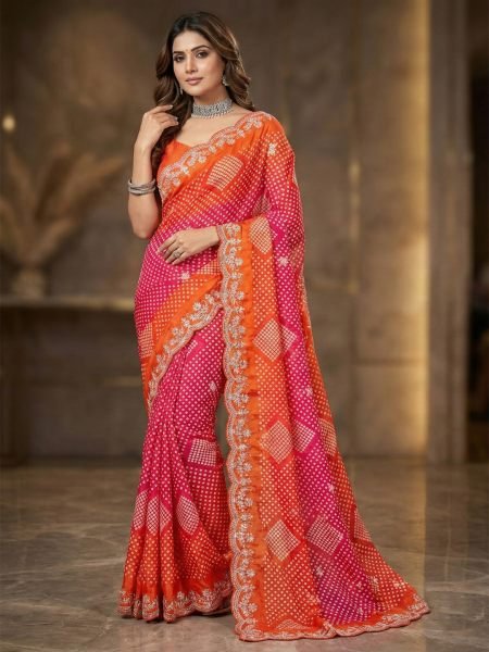 Dual Tone Chiffon Saree with Traditional Bandhani and Zari Work 