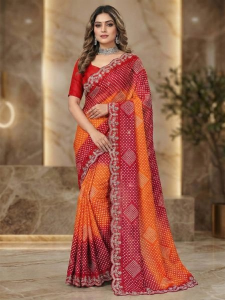 Dual Tone Chiffon Saree with Traditional Bandhani and Zari Work