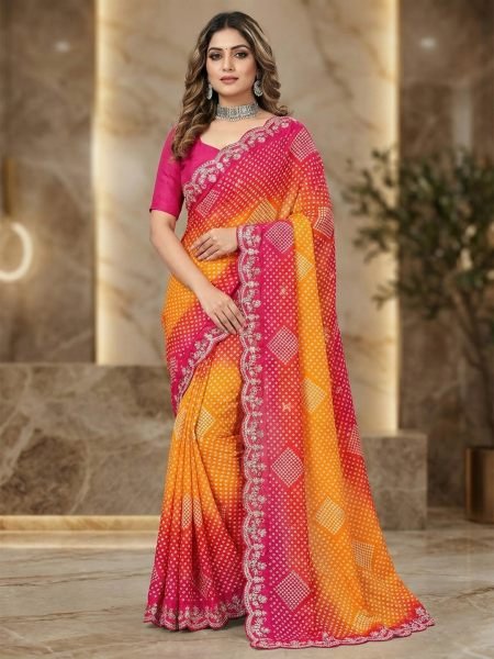 Dual Tone Chiffon Saree with Traditional Bandhani and Zari Work