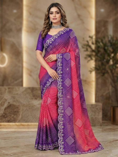 Dual Tone Chiffon Saree with Traditional Bandhani and Zari Work