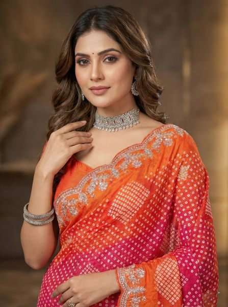 Dual Tone Chiffon Saree with Traditional Bandhani and Zari Work Embroidered Sarees