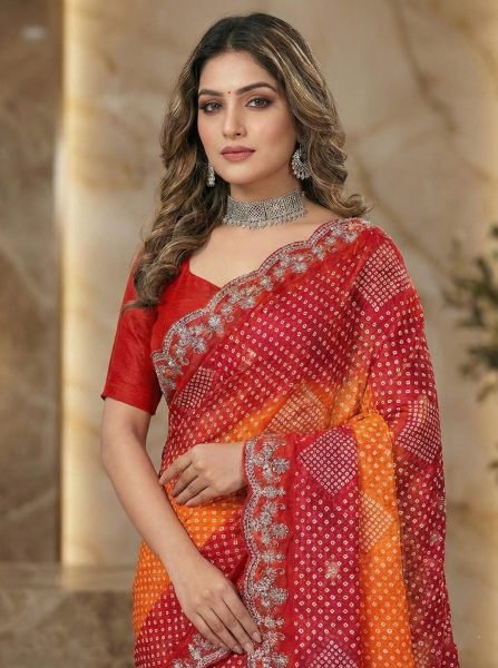 Dual Tone Chiffon Saree with Traditional Bandhani and Zari Work Embroidered Sarees
