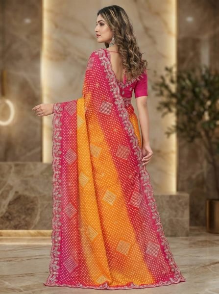Dual Tone Chiffon Saree with Traditional Bandhani and Zari Work Embroidered Sarees