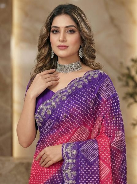 Dual Tone Chiffon Saree with Traditional Bandhani and Zari Work Embroidered Sarees