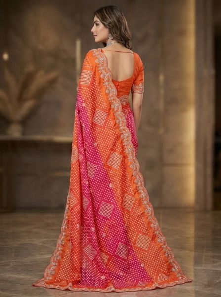 Dual Tone Chiffon Saree with Traditional Bandhani and Zari Work Embroidered Sarees