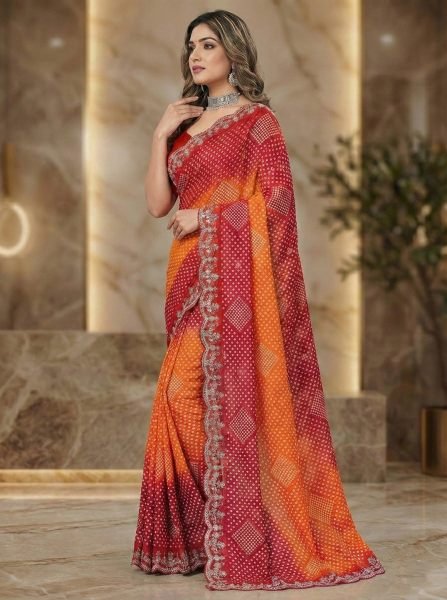 Dual Tone Chiffon Saree with Traditional Bandhani and Zari Work Embroidered Sarees