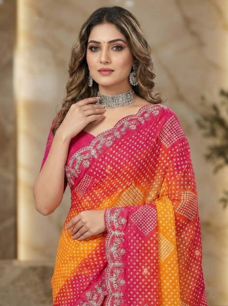 Dual Tone Chiffon Saree with Traditional Bandhani and Zari Work Embroidered Sarees
