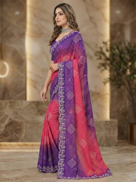 Dual Tone Chiffon Saree with Traditional Bandhani and Zari Work Embroidered Sarees