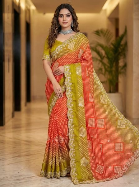 Dual Tone Chiffon Saree with Traditional Bandhani and Zari Work Embroidered Sarees