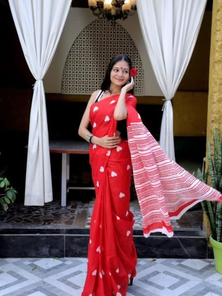 Durga Puja Special Red   White Printed Chanderi Saree Saree