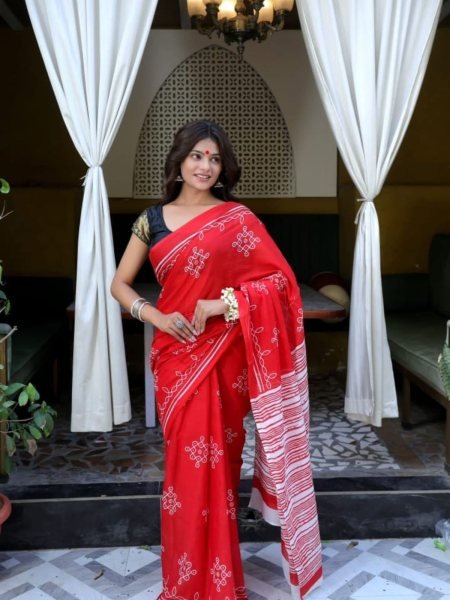 Durga Puja Special Red   White Printed Chanderi Saree Daily Deals