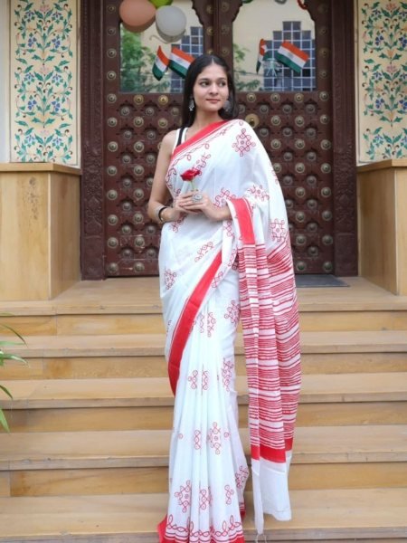Durga Puja Special White Printed Chanderi Saree Daily Deals