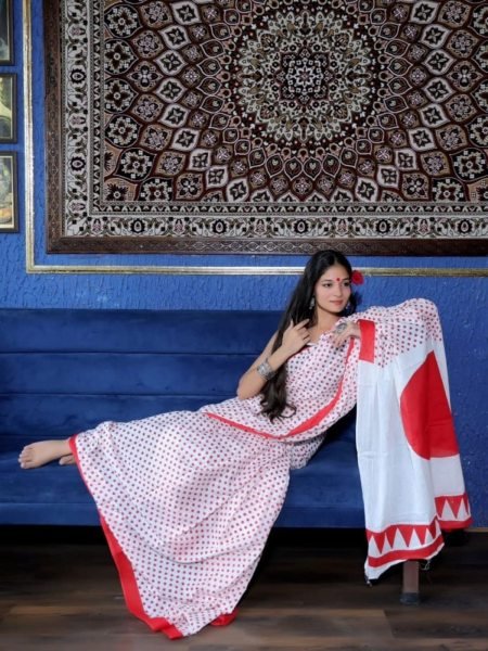 Durga Puja Special White Printed Chanderi Saree Daily Deals